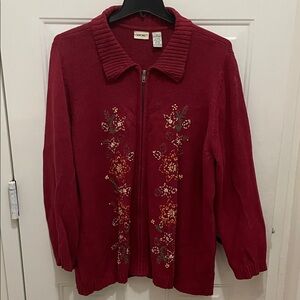 Cherokee Burgundy Women's 2X Zippered Sweater with Floral Embroidery